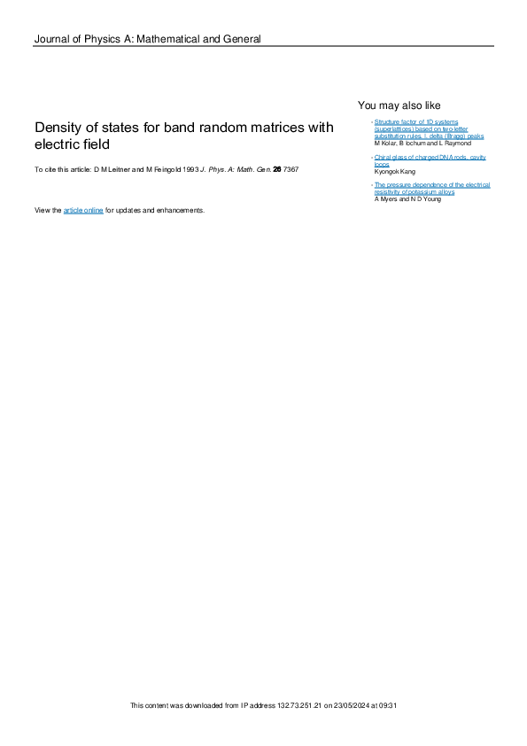 (PDF) Density of states for band random matrices with electric field