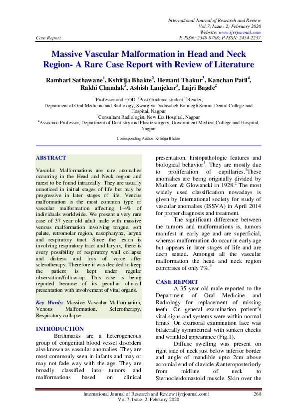 (PDF) Massive Vascular Malformation in Head and Neck Region- A Rare ...