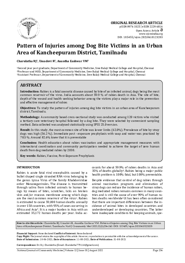 (PDF) Pattern of Injuries among Dog Bite Victims in an Urban Area of ...