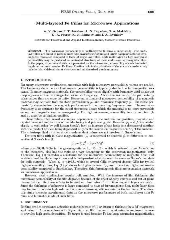 (PDF) Multi-layered Fe Films for Microwave Applications