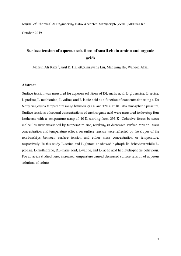(PDF) Surface Tension of Aqueous Solutions of Small-Chain Amino and ...