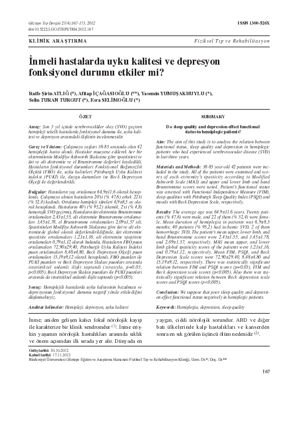 (PDF) Do sleep quality and depression effect functional status in ...