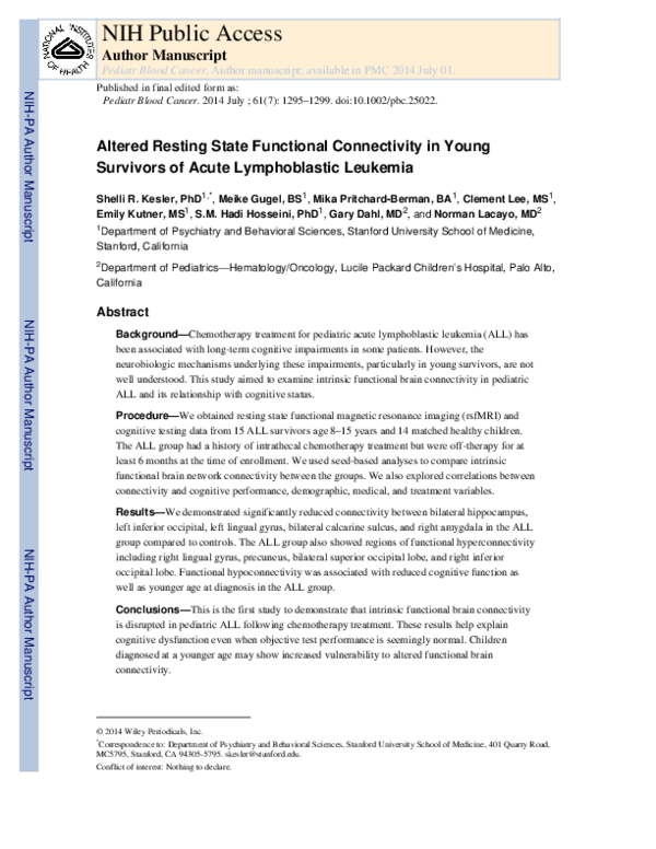 (PDF) Altered resting state functional connectivity in young survivors ...