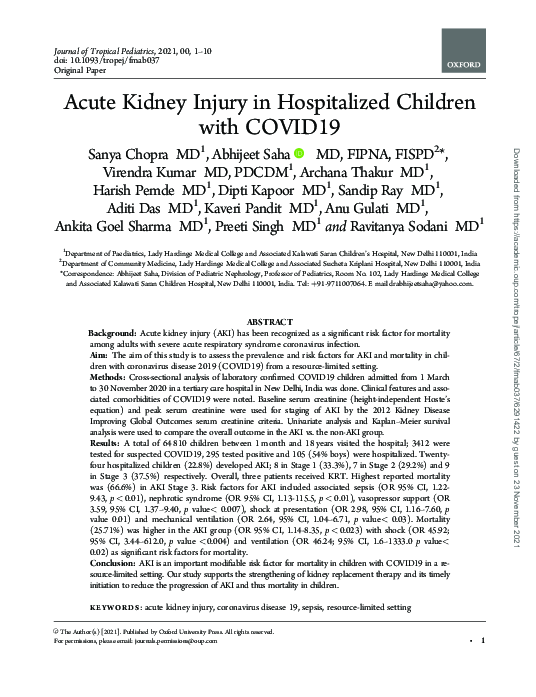 (PDF) Acute Kidney Injury in Hospitalized Children with COVID19