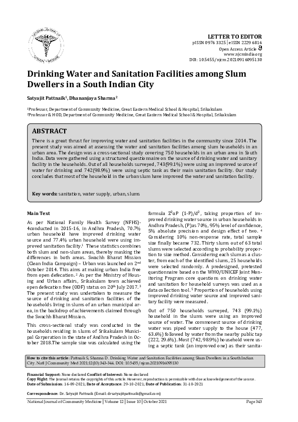 (PDF) Drinking Water and Sanitation Facilities among Slum Dwellers in a ...