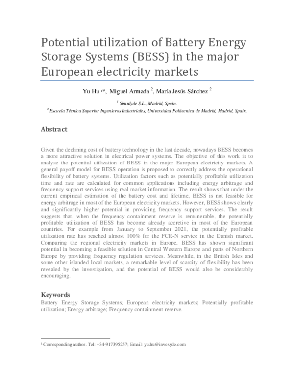 (PDF) Potential utilization of battery energy storage systems (BESS) in ...