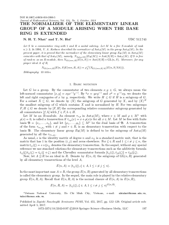 (PDF) The Normalizer of the Elementary Linear Group of a Module Arising ...