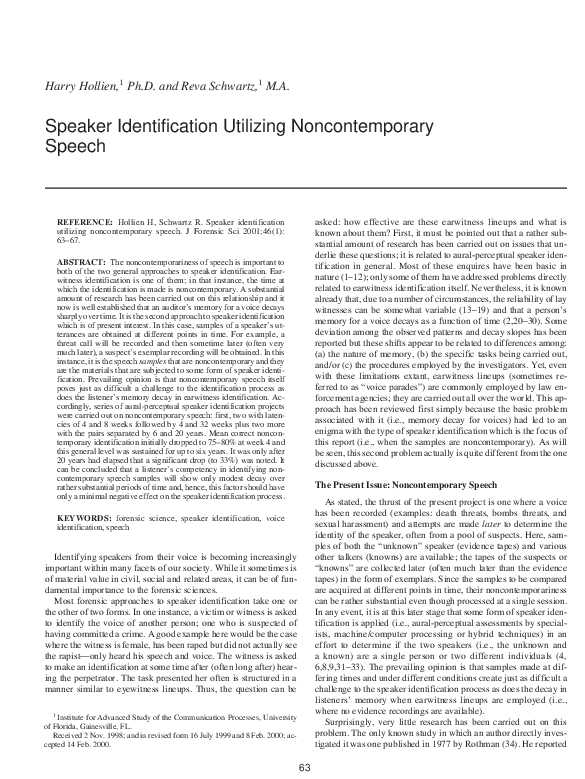 (PDF) Speaker Identification Utilizing Noncontemporary Speech
