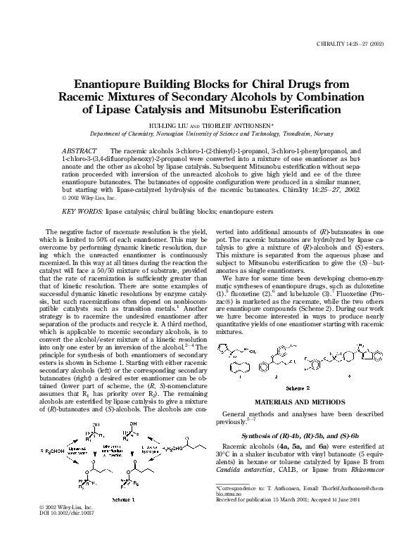 (PDF) Enantiopure building blocks for chiral drugs from racemic ...