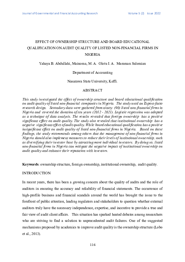 (PDF) EFFECT OF OWNERSHIP STRUCTURE AND BOARD EDUCATIONAL QUALIFICATION ...