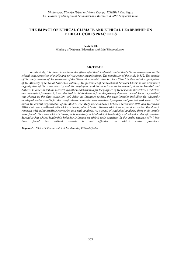 (PDF) The Impact of Ethical Climate and Ethical Leadership on Ethical ...