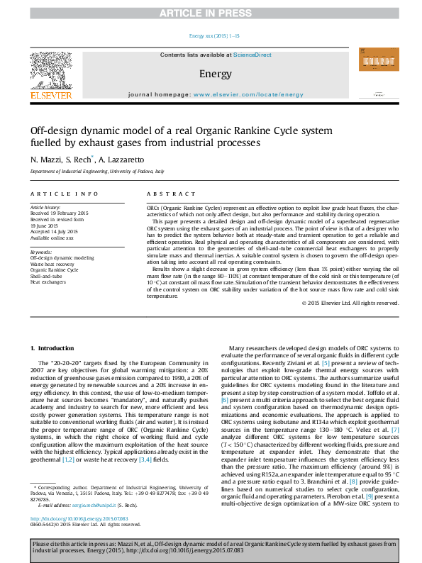 (PDF) Off-design dynamic model of a real Organic Rankine Cycle system ...