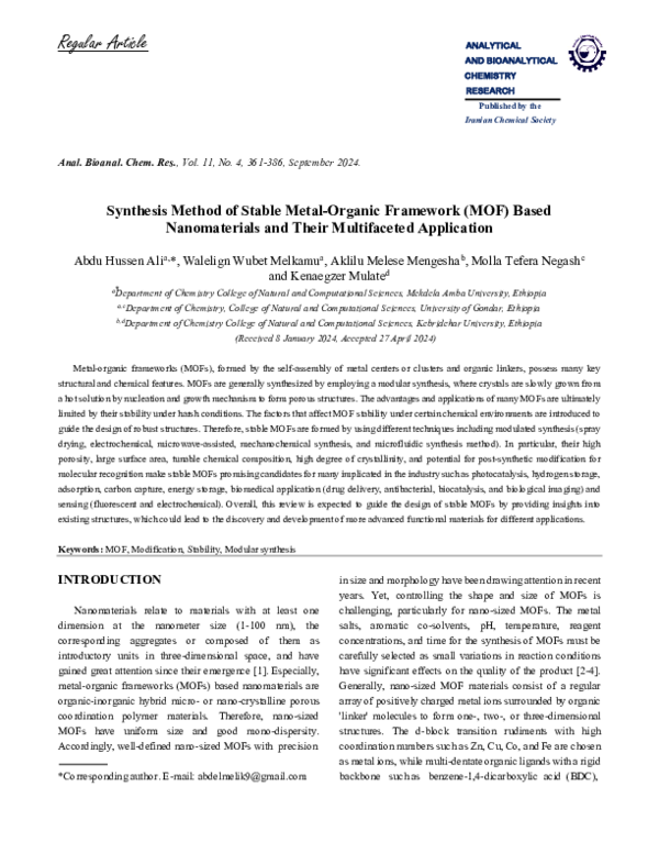 (PDF) Synthesis Method of Stable Metal-Organic Framework (MOF) Based ...