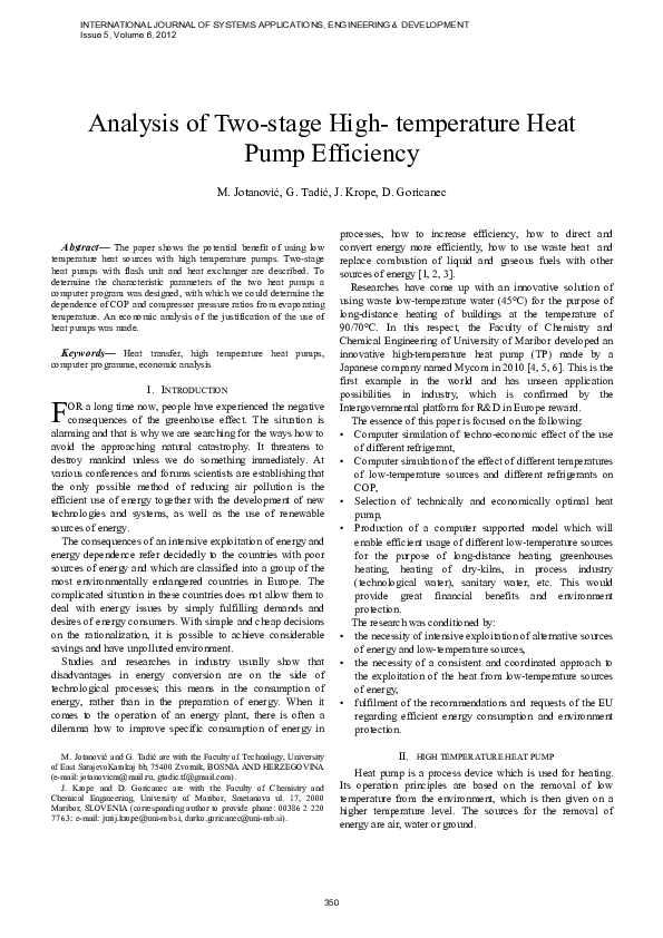 (PDF) Analysis of two-stage high- temperature heat pump efficiency