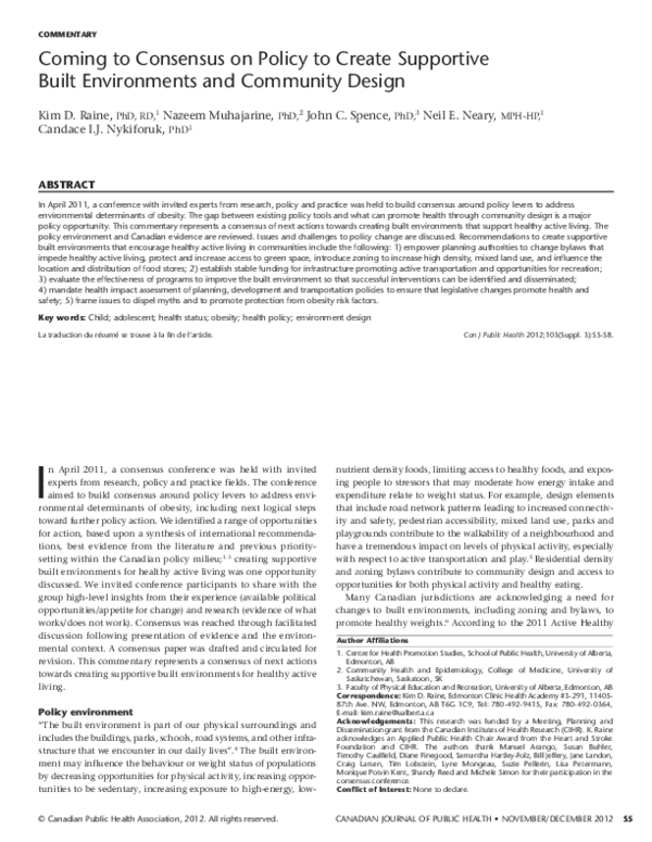 (PDF) Coming to consensus on policy to create supportive built ...
