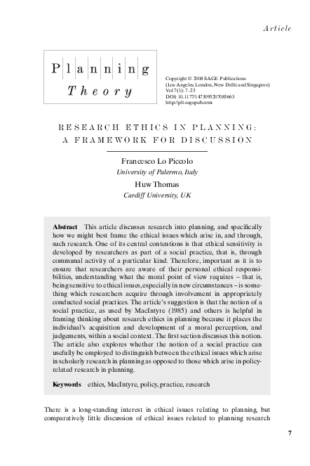 (PDF) Research Ethics in Planning: a Framework for Discussion