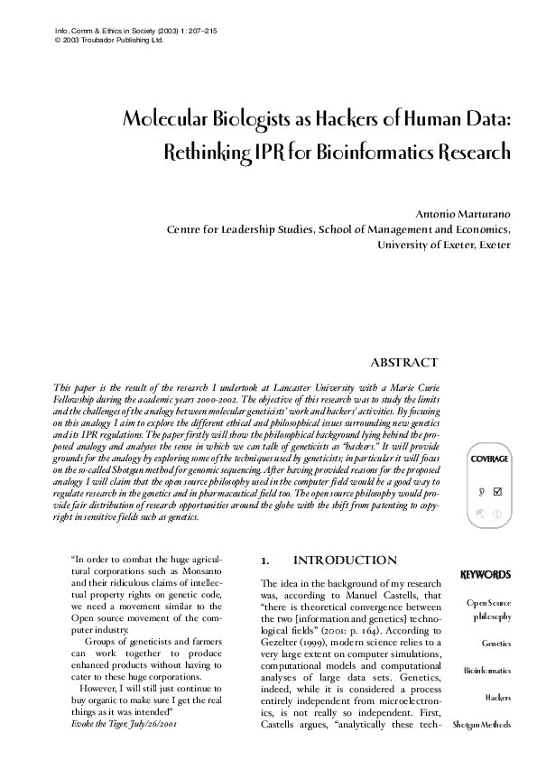 (PDF) Molecular Biologists As Hackers of Human Data: Rethinking IPR for ...