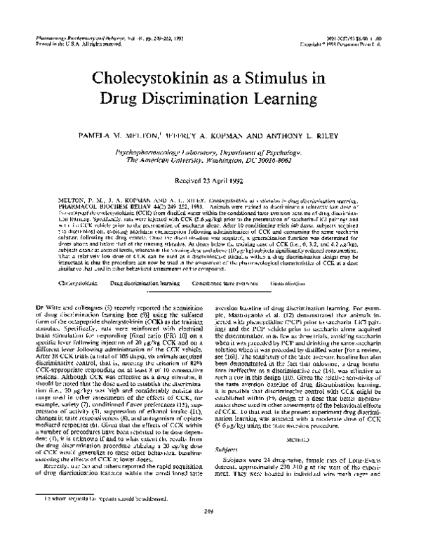 (PDF) Cholecystokinin as a stimulus in drug discrimination learning