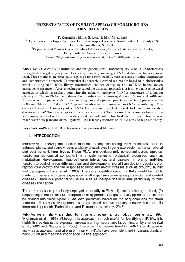 (PDF) Present status of in silico approach for micro-RNA identification