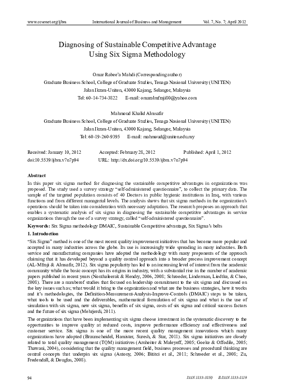 (PDF) Diagnosing of Sustainable Competitive Advantage Using Six Sigma ...