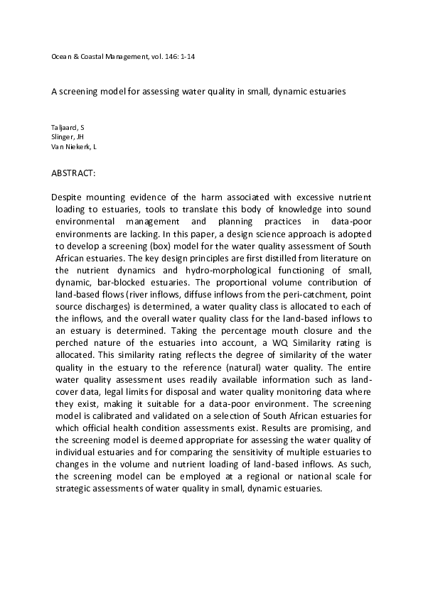(PDF) A screening model for assessing water quality in small, dynamic ...