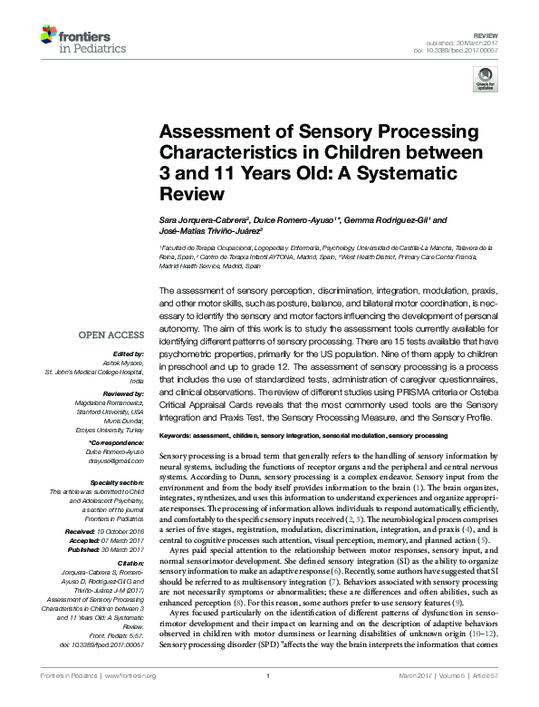 (PDF) Assessment of Sensory Processing Characteristics in Children ...