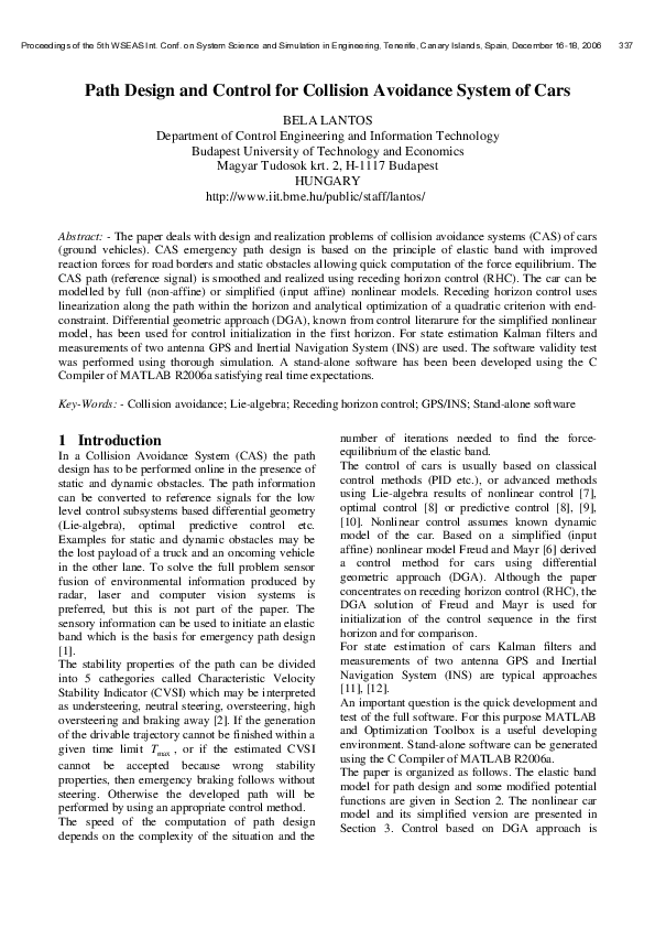 (PDF) Path design and control for collision avoidance system of cars