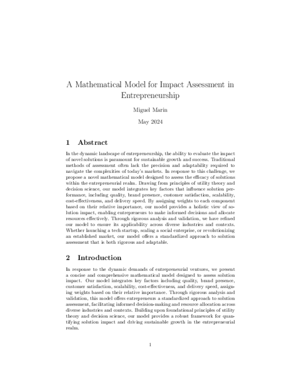 (PDF) A Mathematical Model for Impact Assessment in Entrepreneurship