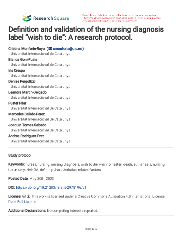(PDF) Definition and validation of the nursing diagnosis label “wish to ...