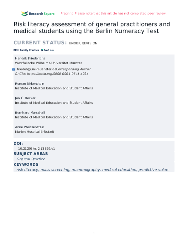(PDF) Risk literacy assessment of general practitioners and medical ...