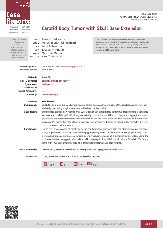 (PDF) Carotid Body Tumor with Skull Base Extension