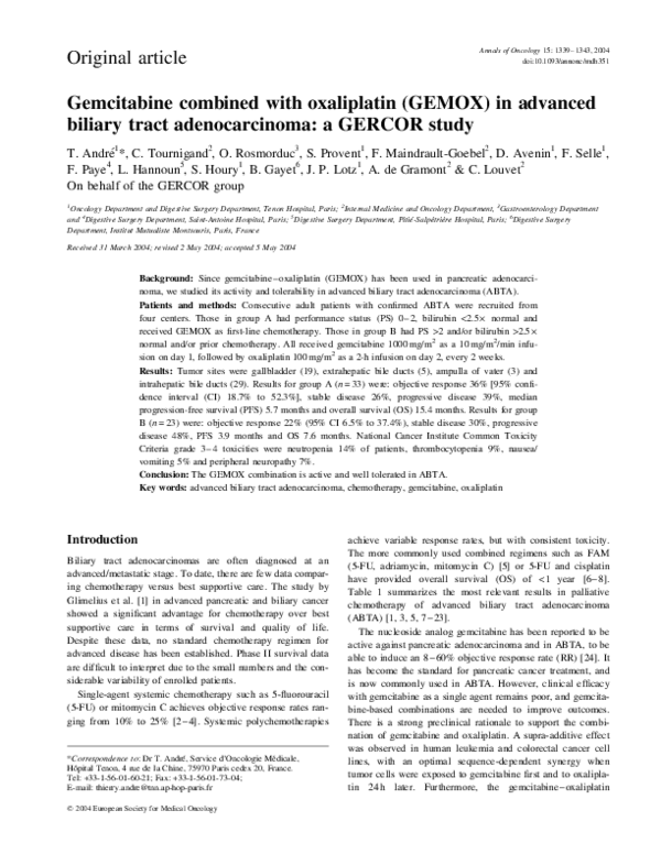 (PDF) Gemcitabine combined with oxaliplatin (GEMOX) in advanced biliary ...