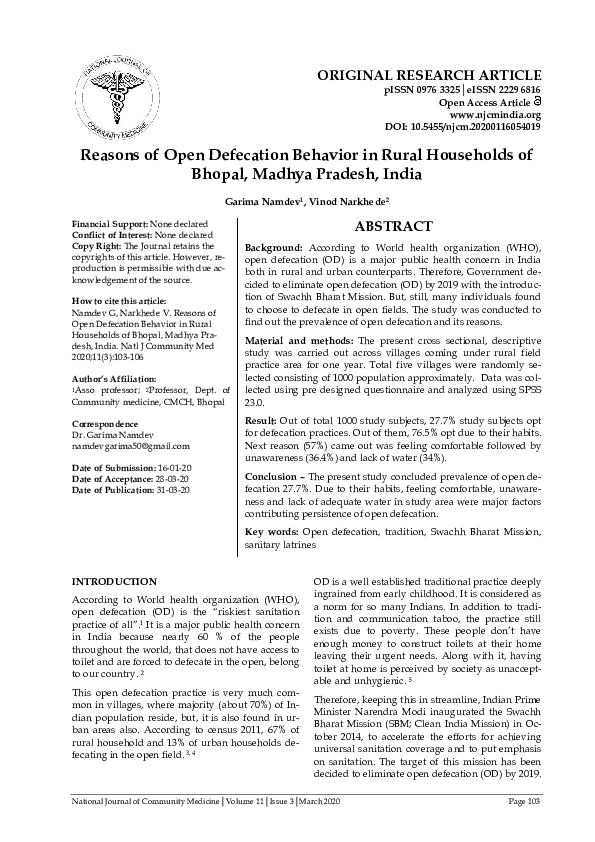 (PDF) Reasons of Open Defecation Behavior in Rural Households of Bhopal ...