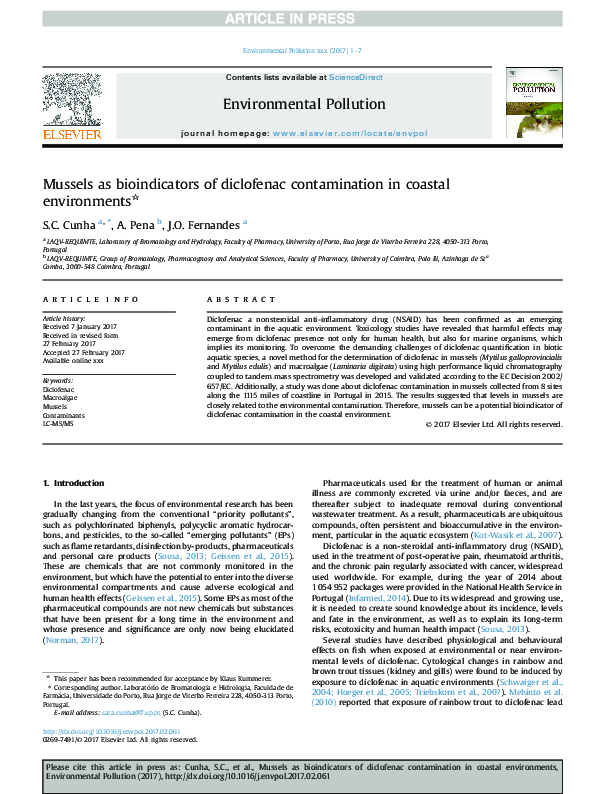 (PDF) Mussels as bioindicators of diclofenac contamination in coastal ...