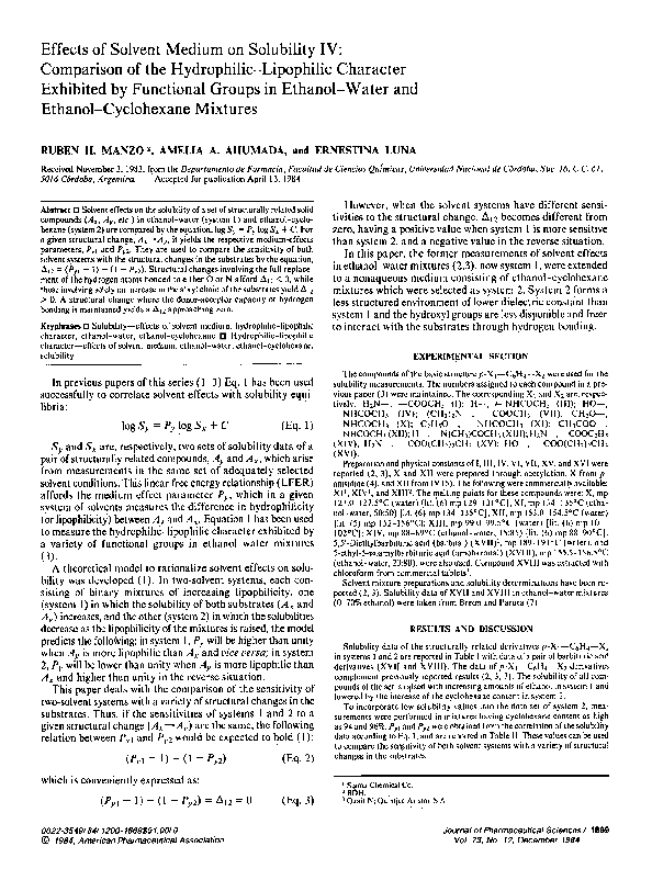 (PDF) Effects of solvent medium on solubility IV: Comparison of the ...