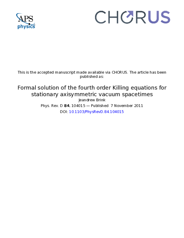(PDF) Formal solution of the fourth order Killing equations for ...