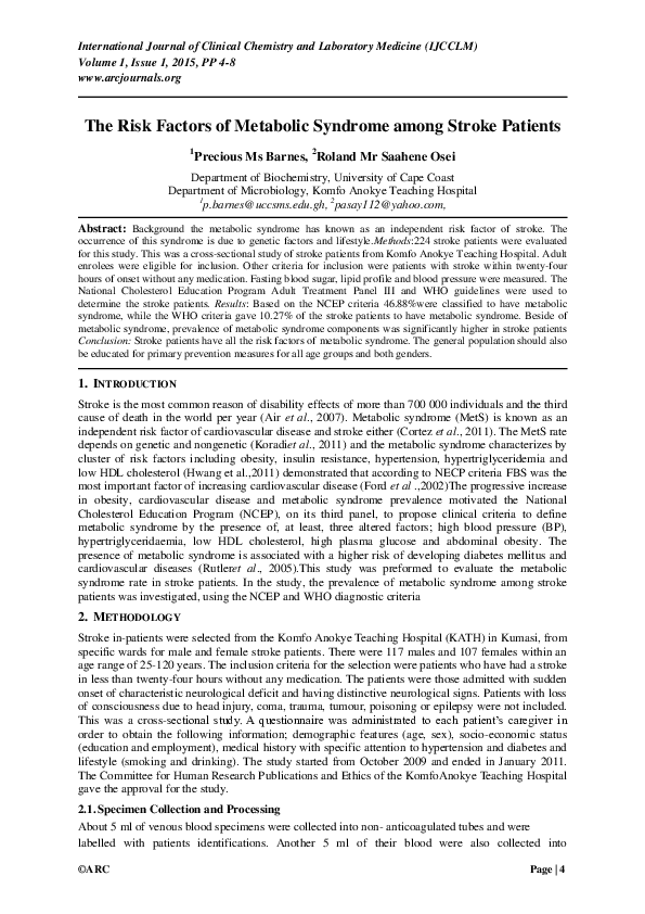 (PDF) The Risk Factors of Metabolic Syndrome among Stroke Patients