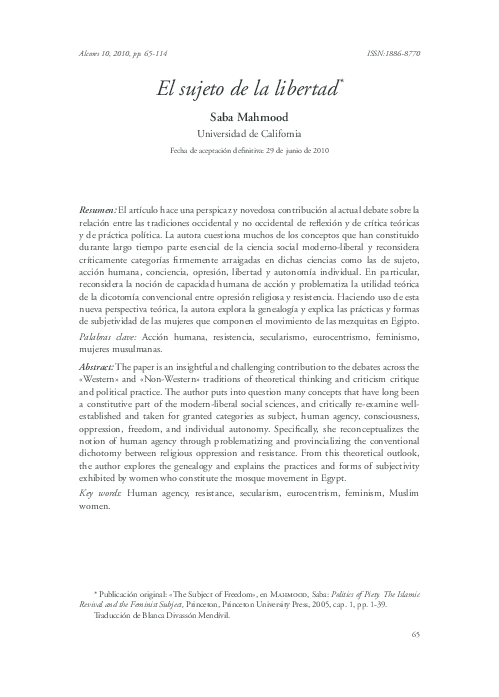 (PDF) TRADUCCIÓN AL CASTELLANO del texto “Subject of Freedom”, de Saba ...