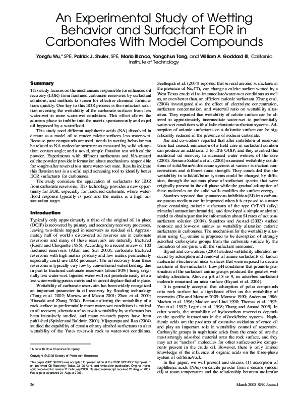 (PDF) Wetting Behavior and Surfactant EOR in Carbonates