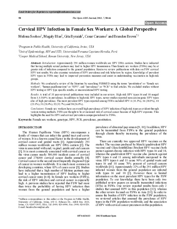 (PDF) Cervical HPV Infection in Female Sex Workers: A Global Perspective