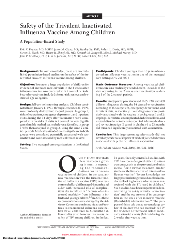 (PDF) Safety of the Trivalent Inactivated Influenza Vaccine Among Children