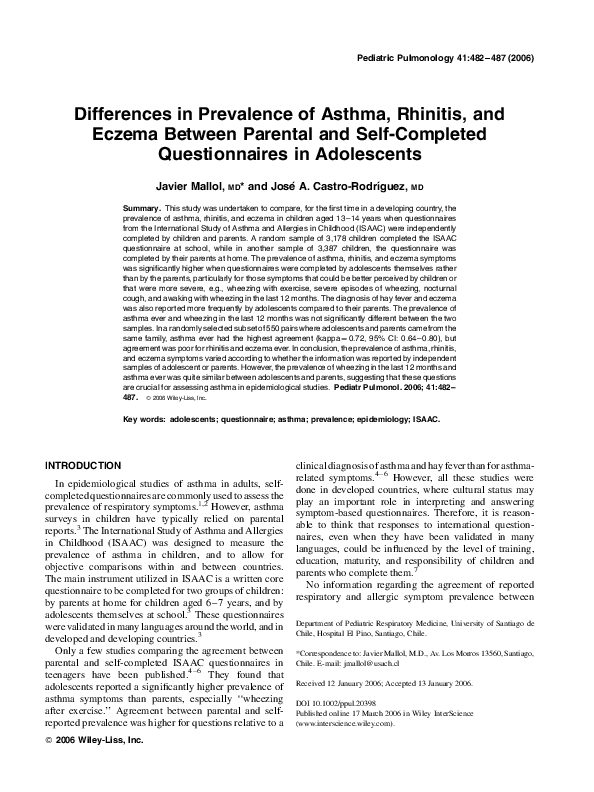 (PDF) Differences in Prevalence of Asthma, Rhinitis, and Eczema Between ...