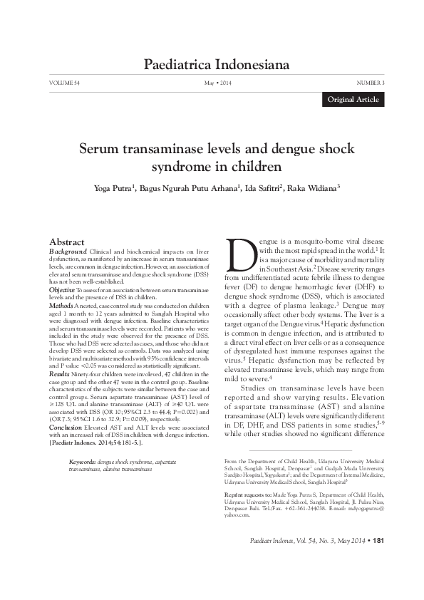 (PDF) Serum transaminase levels and dengue shock syndrome in children