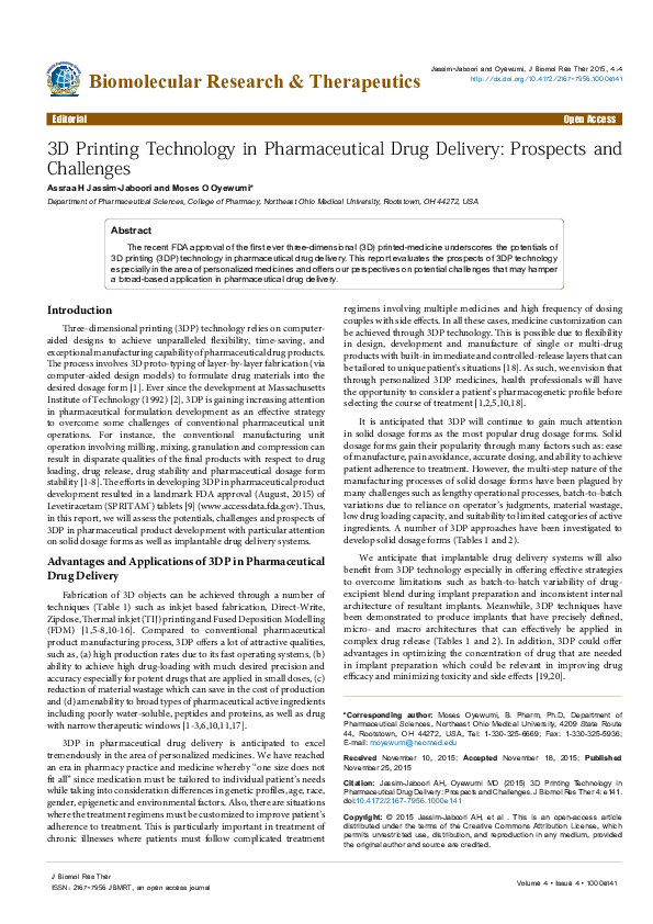 (PDF) 3D Printing Technology in Pharmaceutical Drug Delivery: Prospects ...