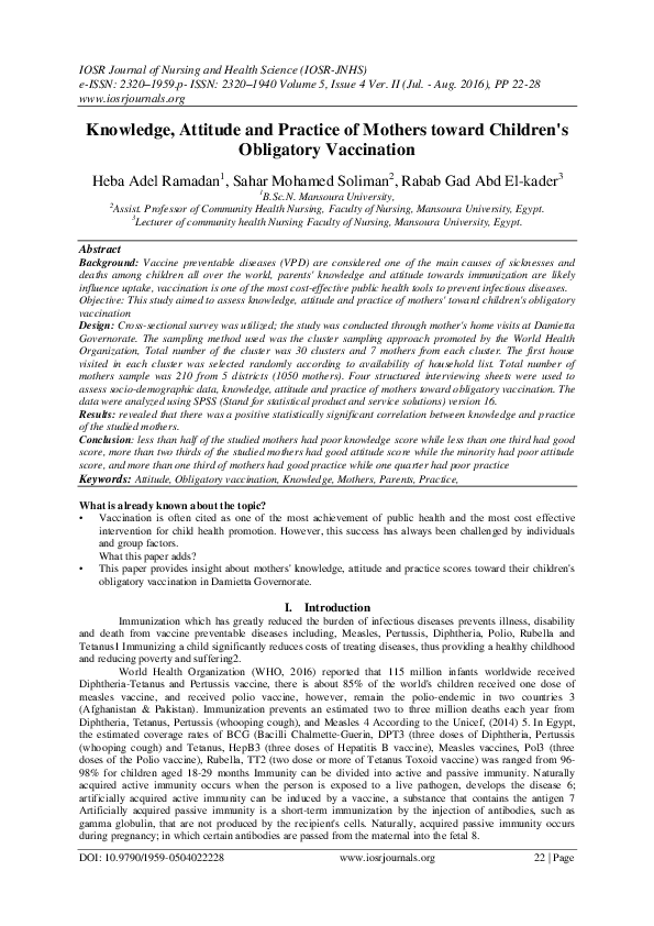 (PDF) Knowledge, Attitude and Practice of Mothers toward Children's ...