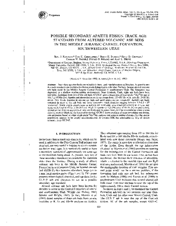 First page of “Possible secondary apatite fission track age standard from altered volcanic ash beds in the Middle Jurassic Carmel Formation, southwestern Utah”