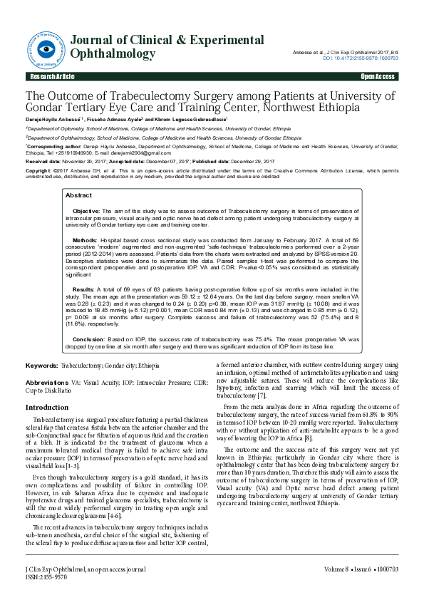 (PDF) The Outcome of Trabeculectomy Surgery among Patients at ...