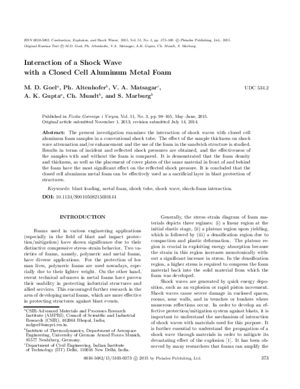 (PDF) Interaction of a shock wave with a closed cell aluminum metal foam