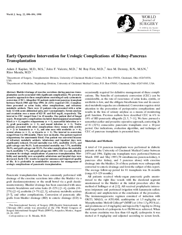 (PDF) Early Operative Intervention for Urologic Complications of Kidney ...