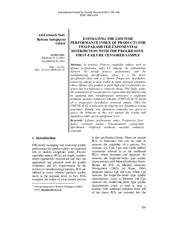  pdf estimating the lifetime performance index of products for two